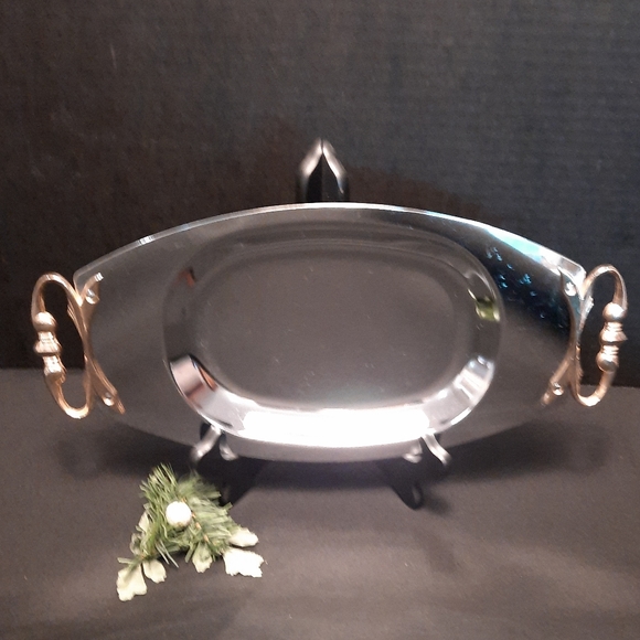 Vintage Kromex Chrome Serving Tray with Gold Tone Handle & Removable Glass  Dish - Picture 3 of 12